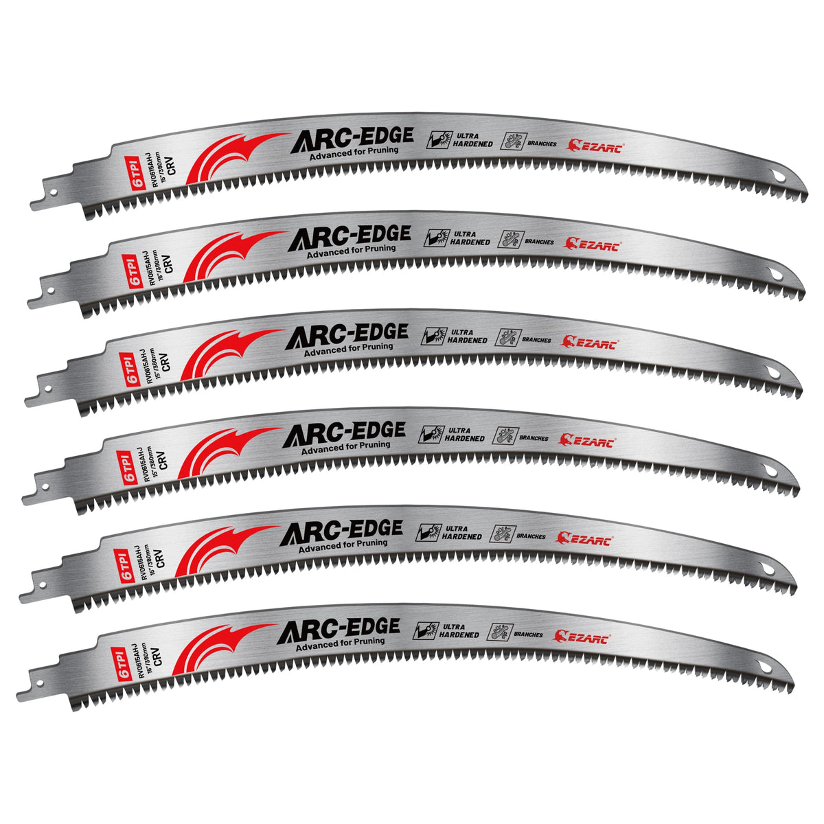 A set of six ARC-EDGE tooth reciprocating saw blades for wood pruning, featuring 6 TPI CRV steel.