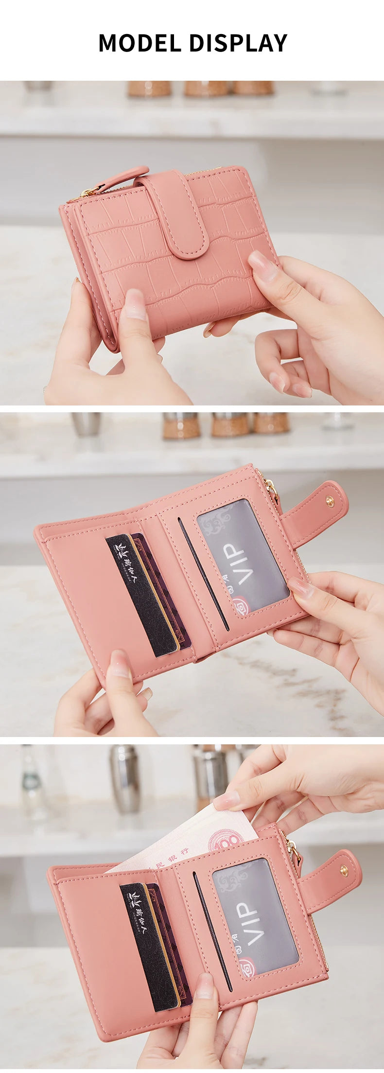 A close-up display of a pink leather compact zippered wallet with card slots and a VIP section being held by hands.