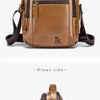 Brown genuine leather crossbody shoulder bag displayed in a studio setting.