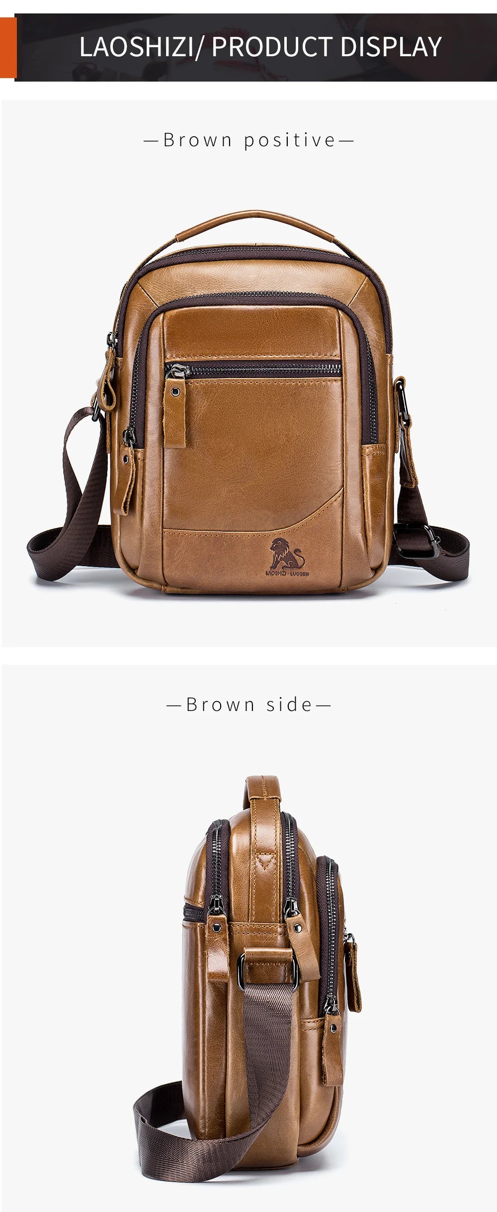 Brown genuine leather crossbody shoulder bag displayed in a studio setting.