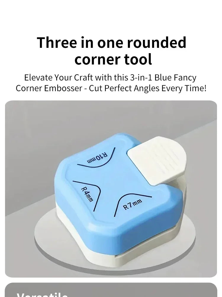 A blue corner embosser tool with various rounded angles like R10mm, R4mm, and R7mm for craft work.