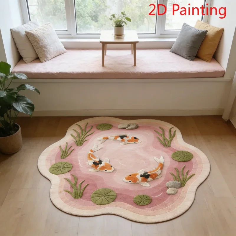 A pink plush rug featuring a pattern of orange and white koi fish on a light wood floor.