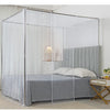 A princess-style lace canopy mosquito net draped over a bed, featuring sheer white fabric and gray bedding.