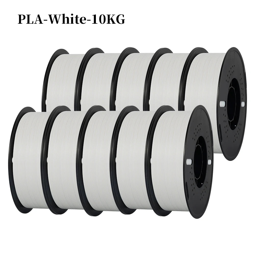A bundle of ten black and white PLA filament spools for 3D printing.