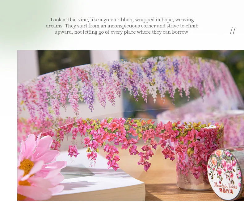 Pink and purple floral vine pattern decorative PET tape used for journaling and crafts