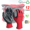 A pair of red and gray breathable PU-coated work gloves are displayed, showing the palm side.