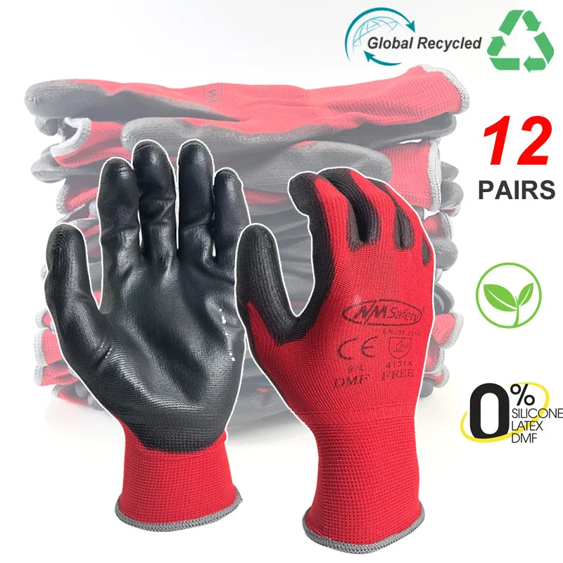 A pair of red and gray breathable PU-coated work gloves are displayed, showing the palm side.