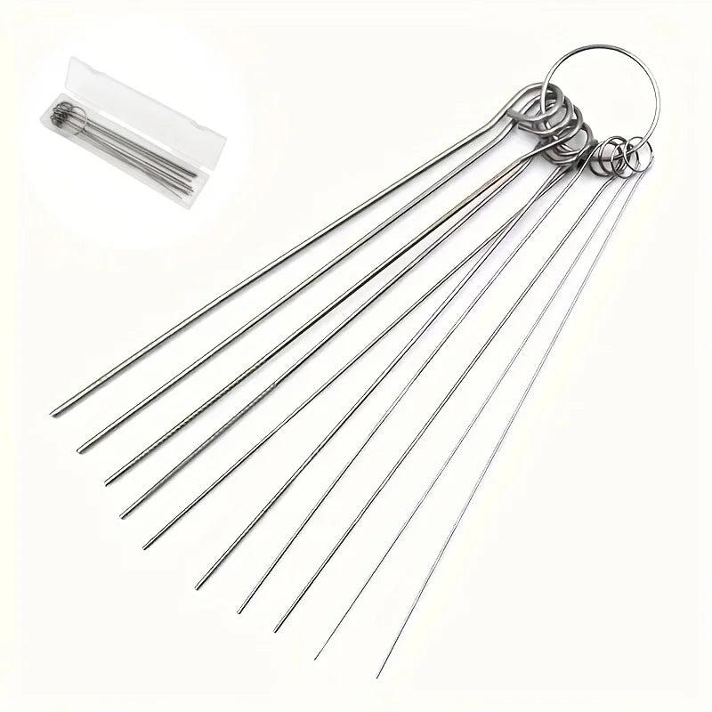 A set of ten stainless steel shower head cleaning brushes with coiled handles and long, thin bristles.