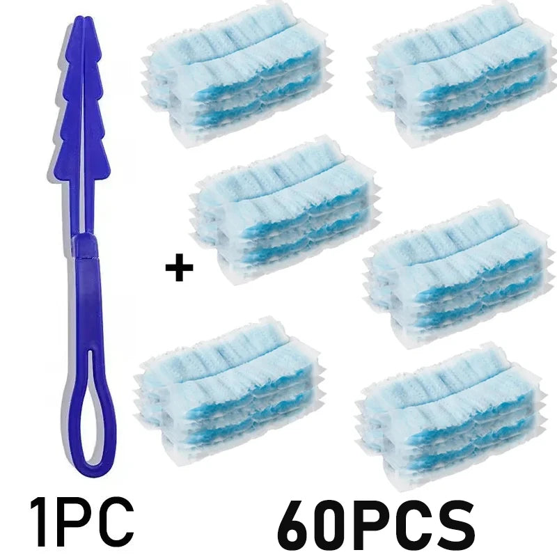 A set of 60 electrostatic dusting refills with disposable blue fiber heads and a purple applicator tool.
