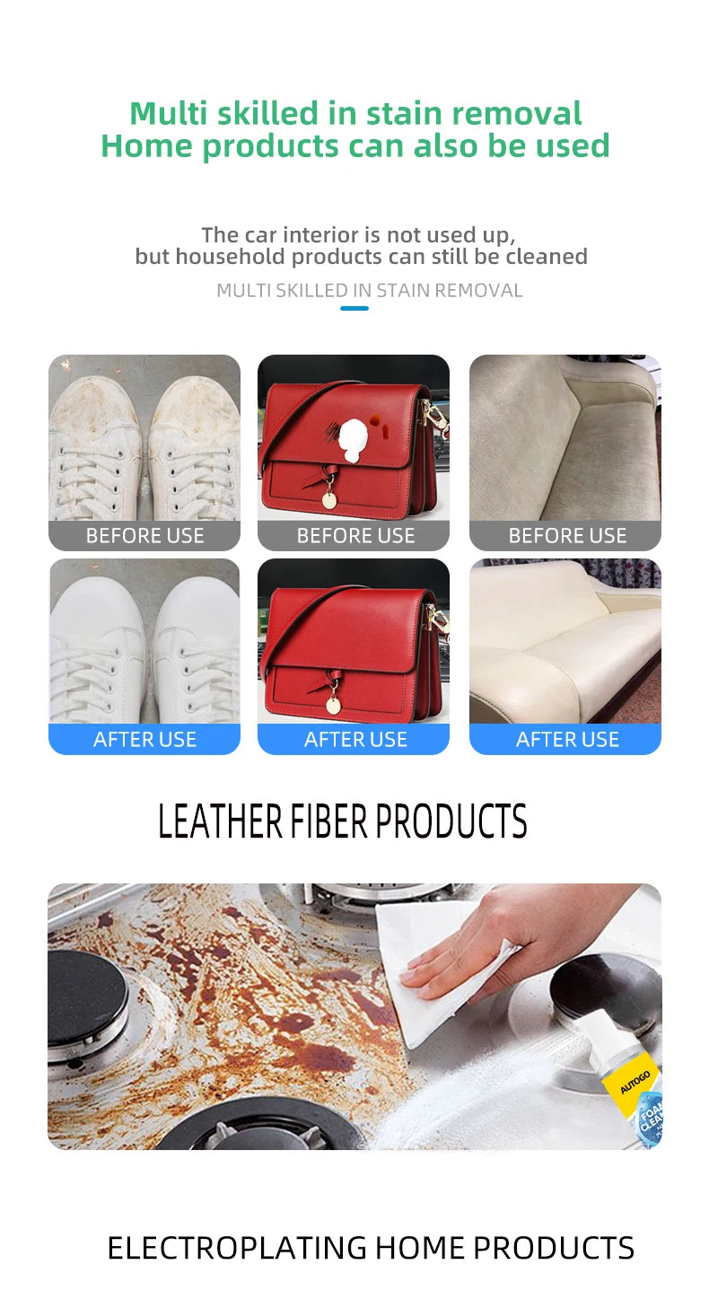 Multi-Purpose No-Rinse Foam Cleaner for Car Interiors & Home Surfaces