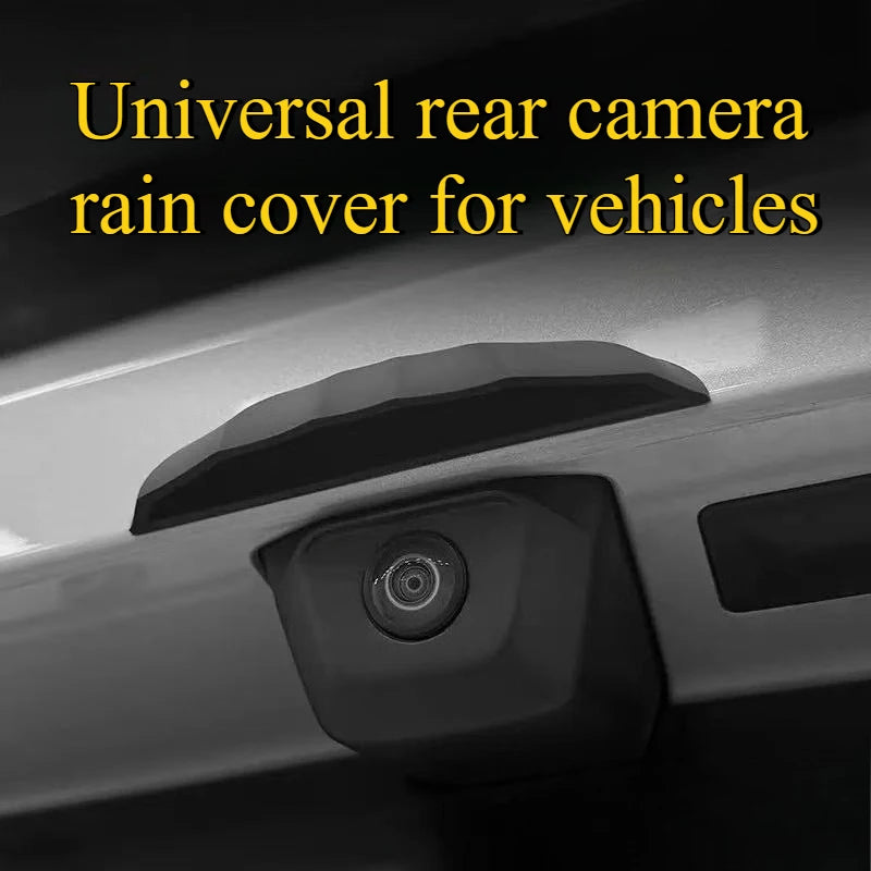 A black rain cover for a vehicle's rear camera is shown mounted on the car body.