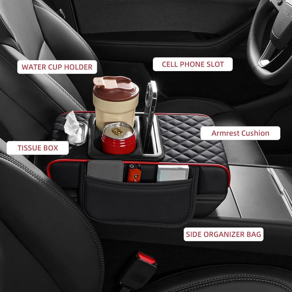 Interior car storage organizer showing various compartments like a tissue box cell phone slot and side organizer bag