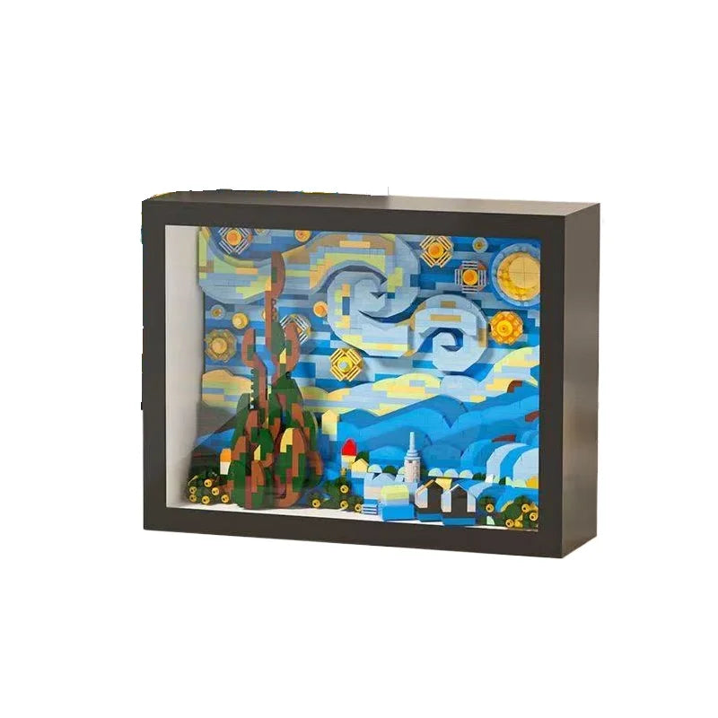 A framed painting featuring a Van Gogh Starry Night style landscape built with diamond building blocks.