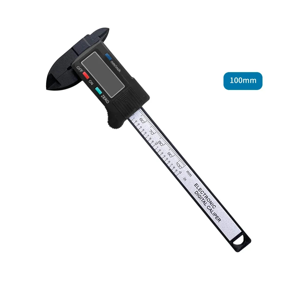 A black digital caliper with an LCD display and a 100mm measuring scale.