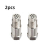 Two silver metal exhaust pipe adapter connectors with multiple threaded holes each