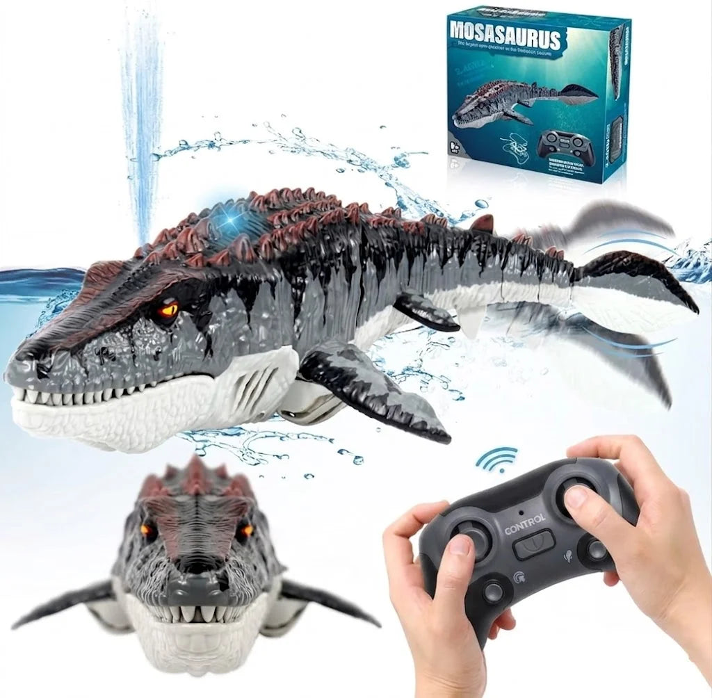 A person holds a remote control for a Mosasaurus water spray boat, with the toy dinosaur visible in the background.