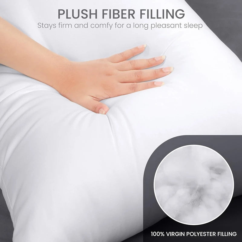 A hand touches a white cushion showing the plush fiber filling and 100% virgin polyester filling.