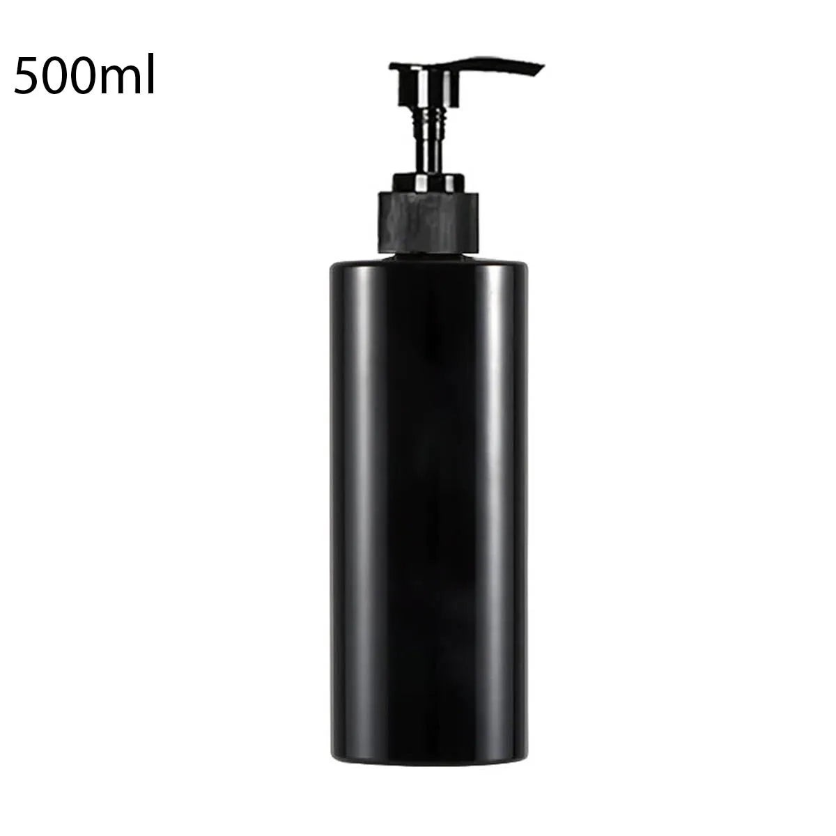 A black 500ml refillable shampoo and lotion dispenser bottle with a pump top.