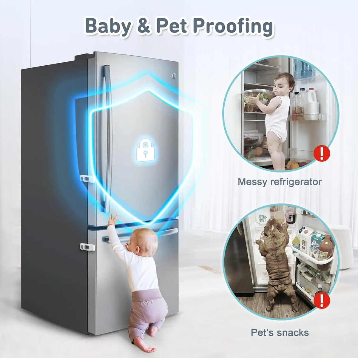 A silver refrigerator door is shown with baby and pet proofing locks, demonstrating child safety features.