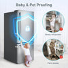 A silver refrigerator door is shown with baby and pet proofing locks, demonstrating child safety features.