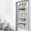 A gray 5-shelf hanging storage organizer with various compartments for holding small items mounted on a door frame.