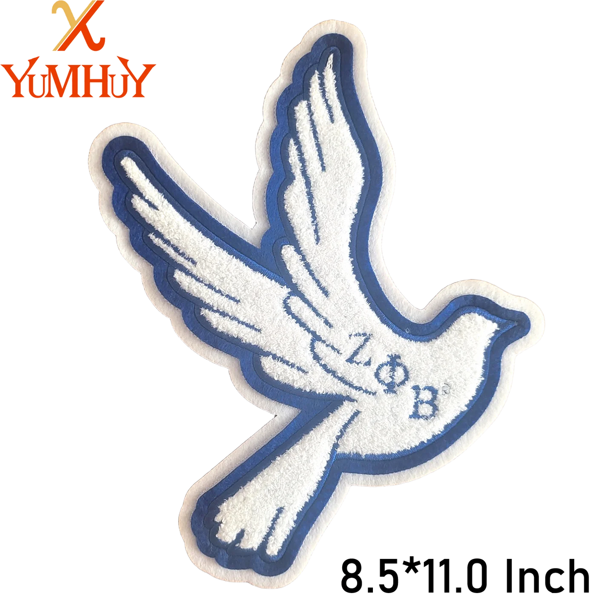 Vintage chenille iron-on patch shaped like a bird with the letters LOB embroidered in blue thread