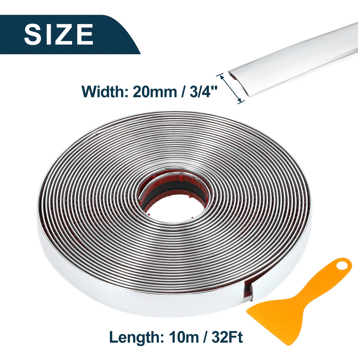 Roll of chrome car door edge guard trim strip measuring 20mm wide and 10 meters long