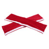 A pair of red velvet refrigerator handle covers with white trim, designed as anti-skid protectors for kitchen appliances.