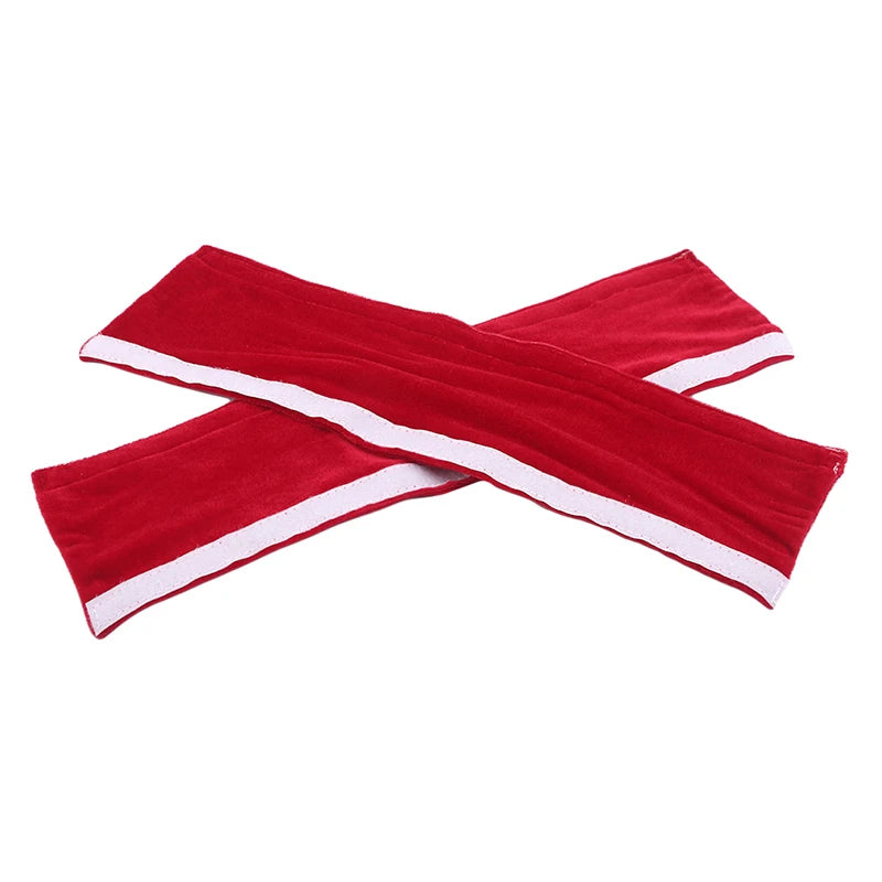 A pair of red velvet refrigerator handle covers with white trim, designed as anti-skid protectors for kitchen appliances.