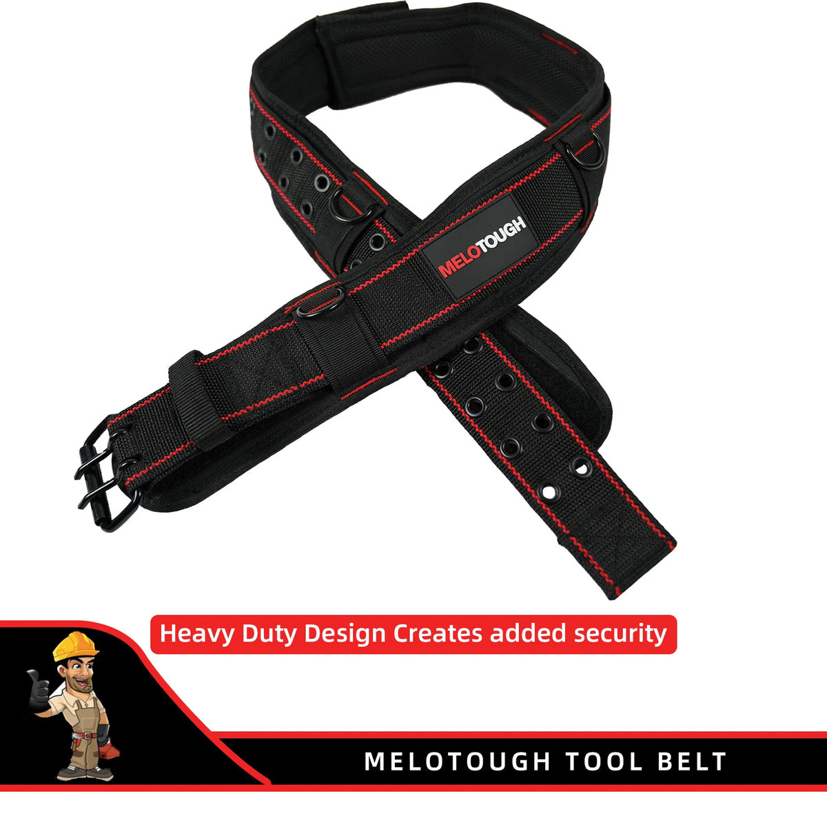 Black Melotough tool belt with red stitching and D-rings designed for added security.