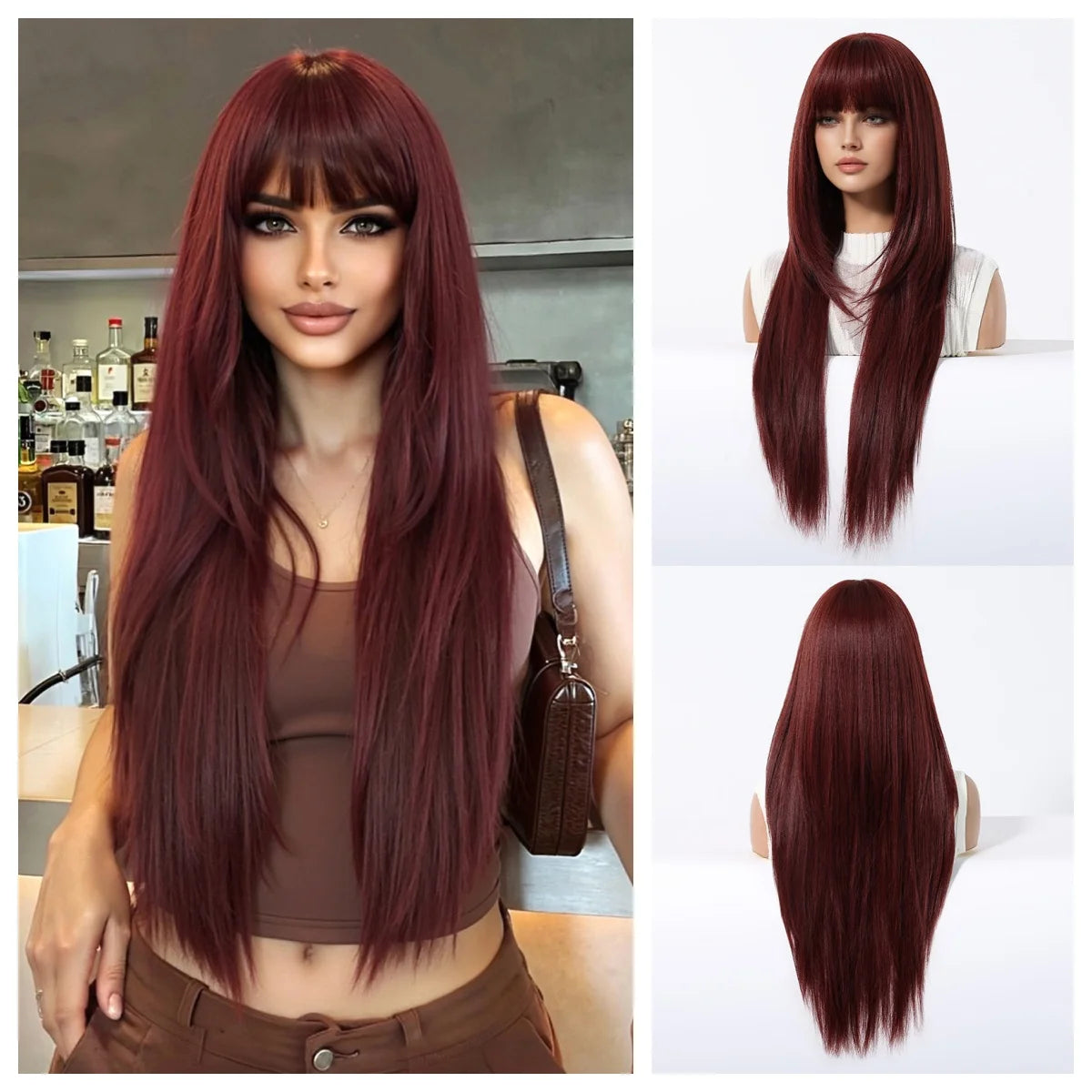Rose Gold Layered Straight Wig with Bangs