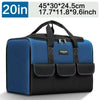 A blue and black heavy duty tool bag with a carrying handle and multiple pockets is shown.