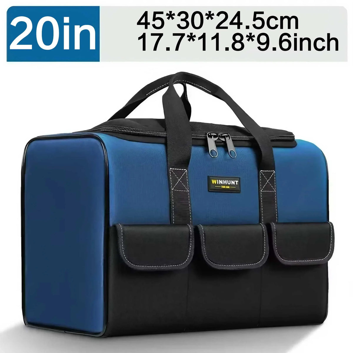 A blue and black heavy duty tool bag with a carrying handle and multiple pockets is shown.