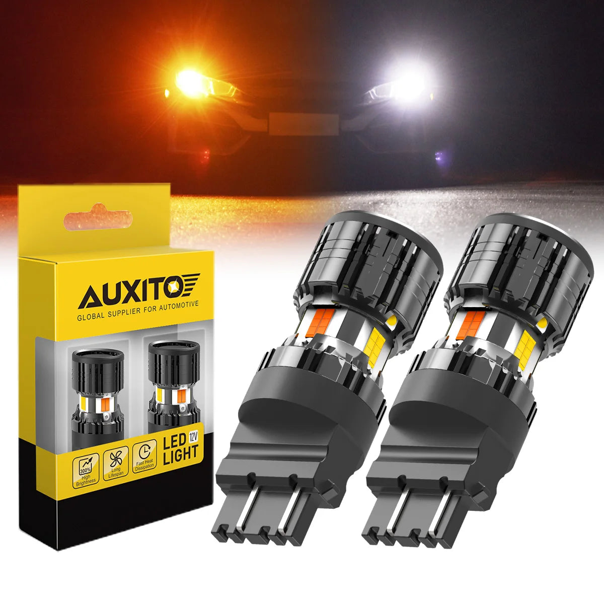 Deux ampoules LED noires pour amélioration automobile, avec leur boîte d'emballage.