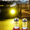 Two yellow LED fog light bulbs are shown next to a car headlight, demonstrating high-brightness front fog lights.
