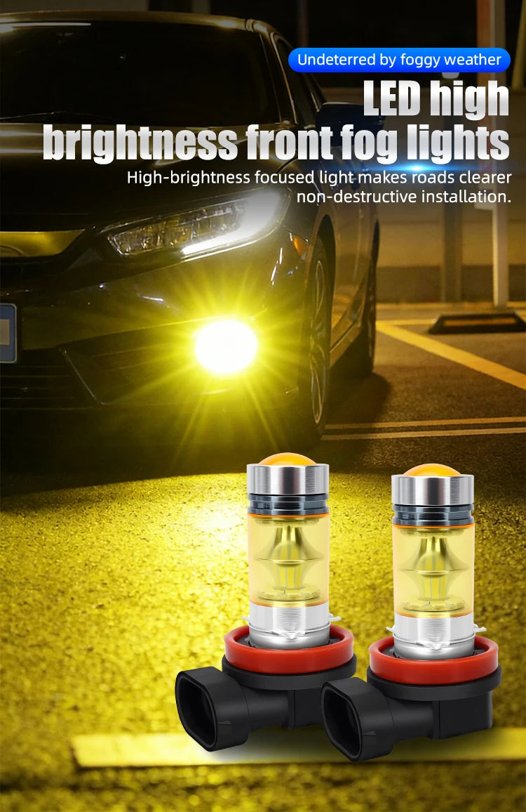 Two yellow LED fog light bulbs are shown next to a car headlight, demonstrating high-brightness front fog lights.