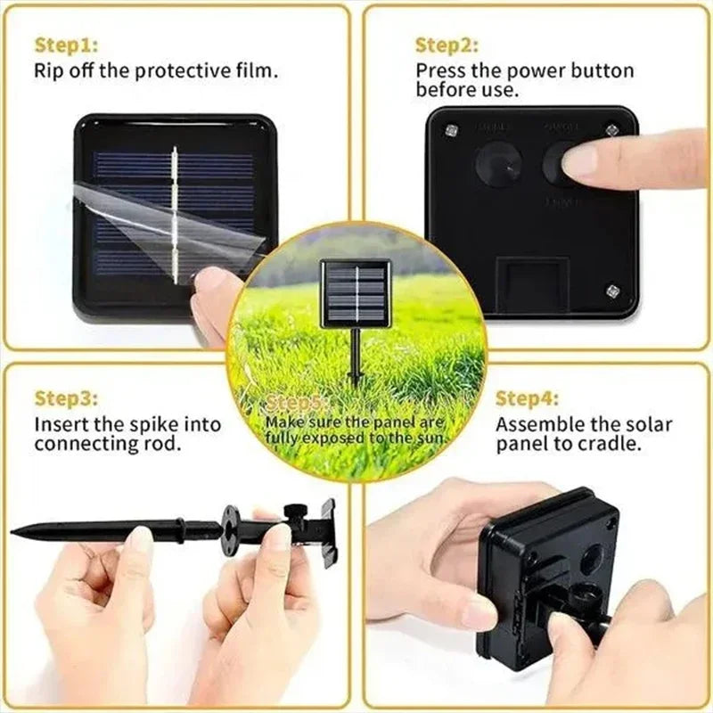 Step-by-step instructions showing how to assemble a solar-powered vintage Edison bulb outdoor string light.