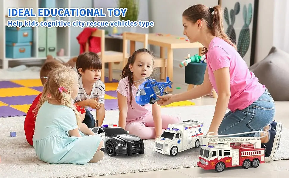 Friction Powered Emergency Vehicle Toy Set with Lights and Sounds
