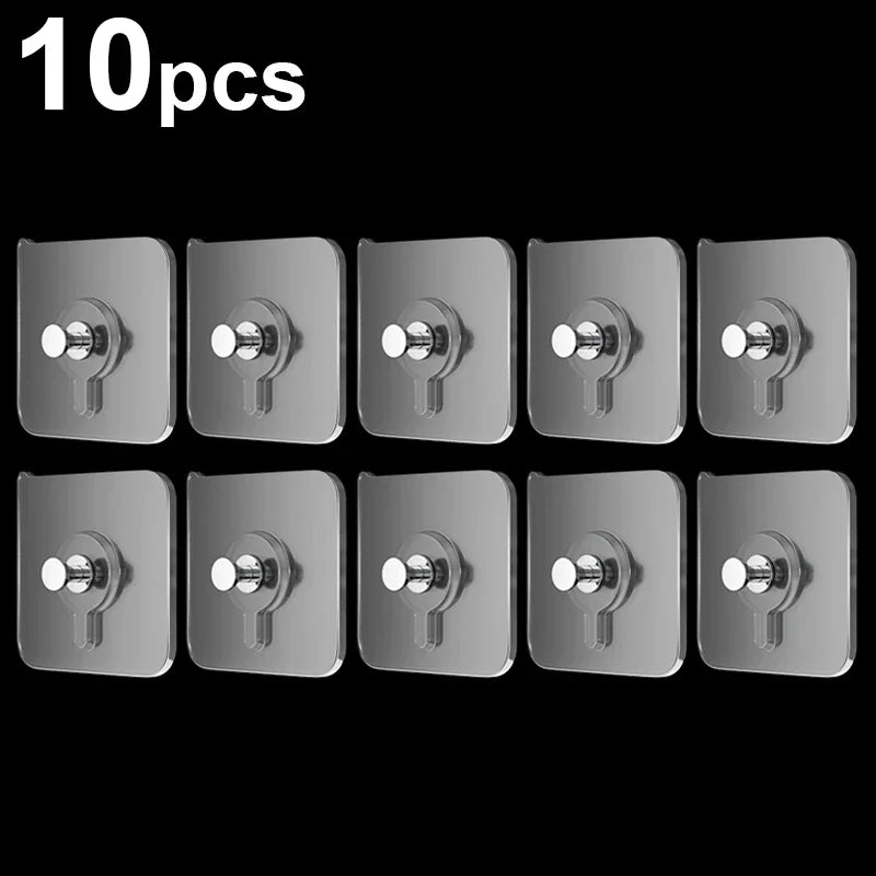 A set of ten silver self-adhesive wall hooks for hanging frames and photos.
