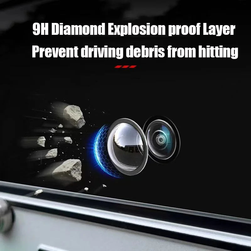 A close-up view of a protective cover for a car camera, designed to prevent driving debris from hitting the lens.