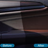 Before and after comparison of a car plastic and leather restorer application on a car interior surface.