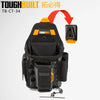A black ToughBuilt TB-CT-34 electrician tool pouch with an orange belt clip and kickstand visible.
