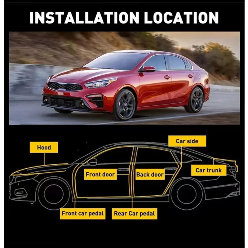 Diagram showing installation locations for door sealing strips on a car, including hood, doors, trunk, and pedals.