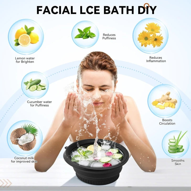 A woman is using a facial ice bath DIY product with various ingredients like lemon, cucumber, and coconut milk for skin benef