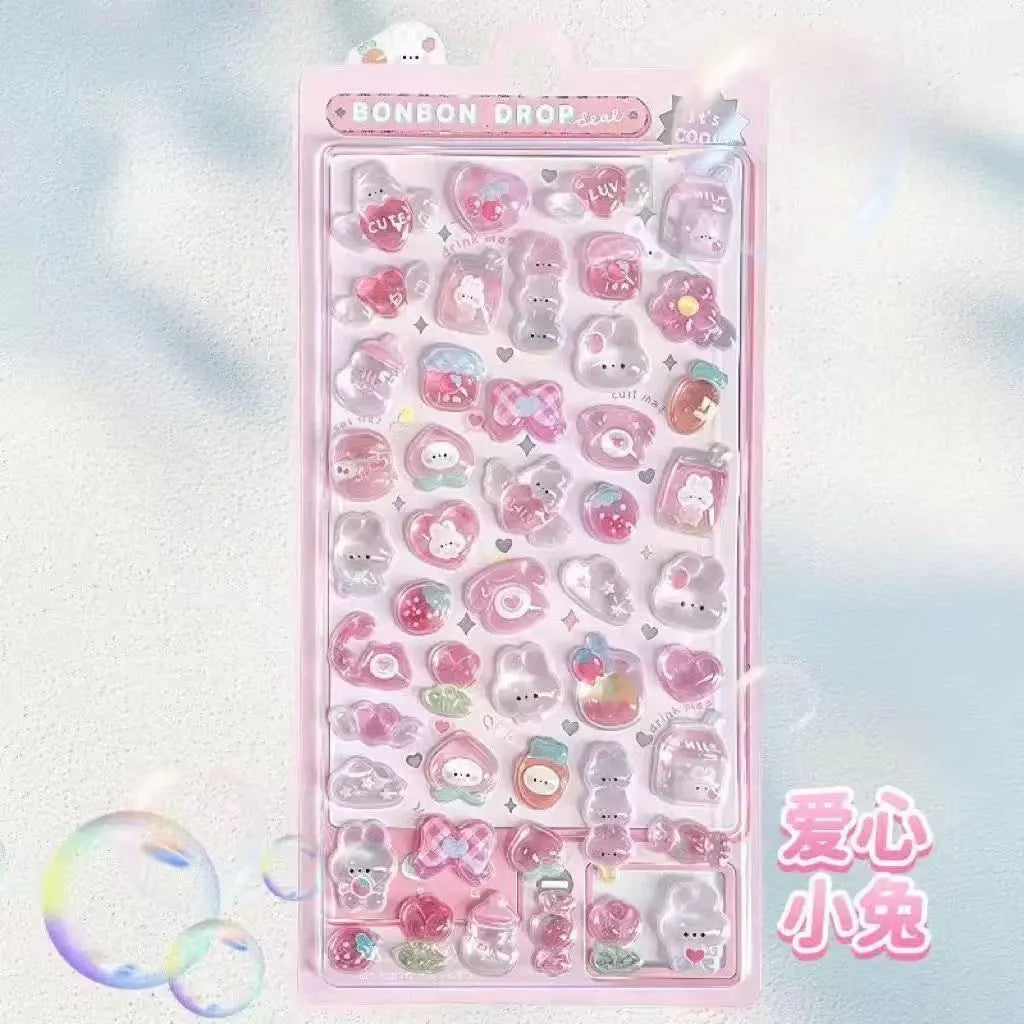 A sheet of pink jelly stickers featuring cute cartoon animals and a ghost rabbit