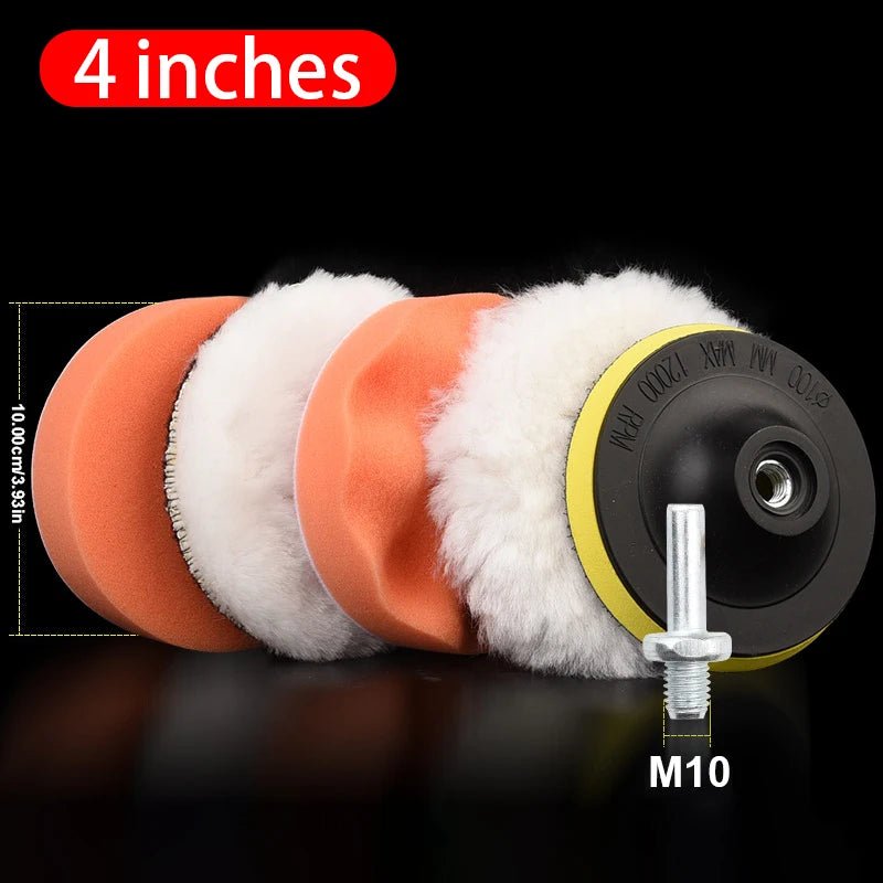 A set of four orange and white polishing sponge pads, 4 inches in diameter, with an M10 screw visible.