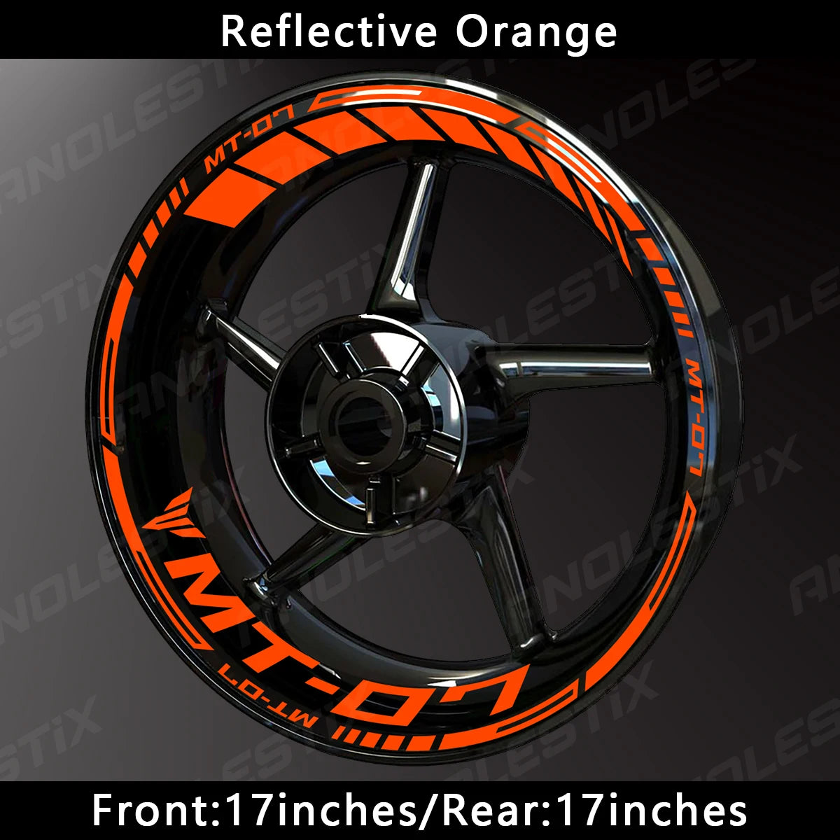 Reflective orange decals on a black motorcycle wheel rim for a Yamaha MT-07
