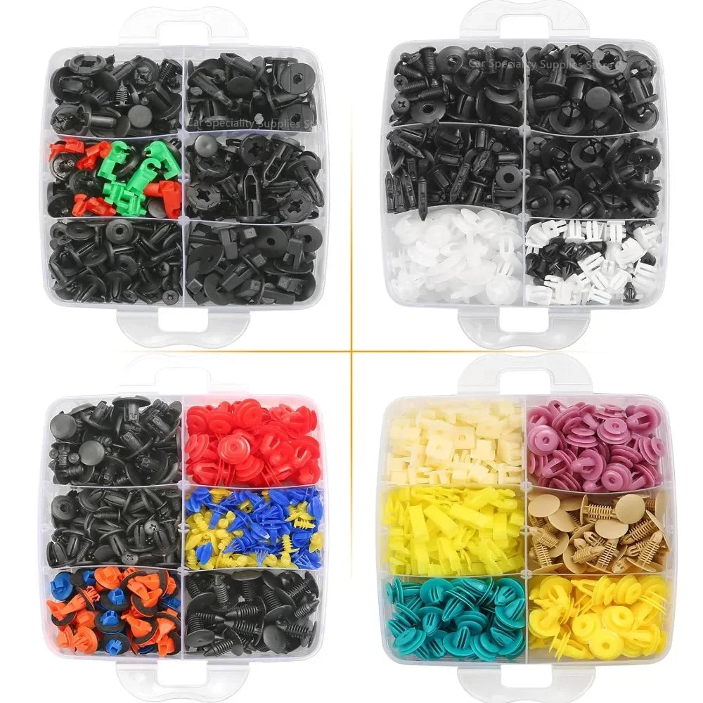 Assorted plastic push rivets for auto trim, bumper, and panel fastening in various colors and sizes.