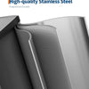 A close-up view of a stainless steel bin with a soft-close lid and a textured, flexible inner lining.