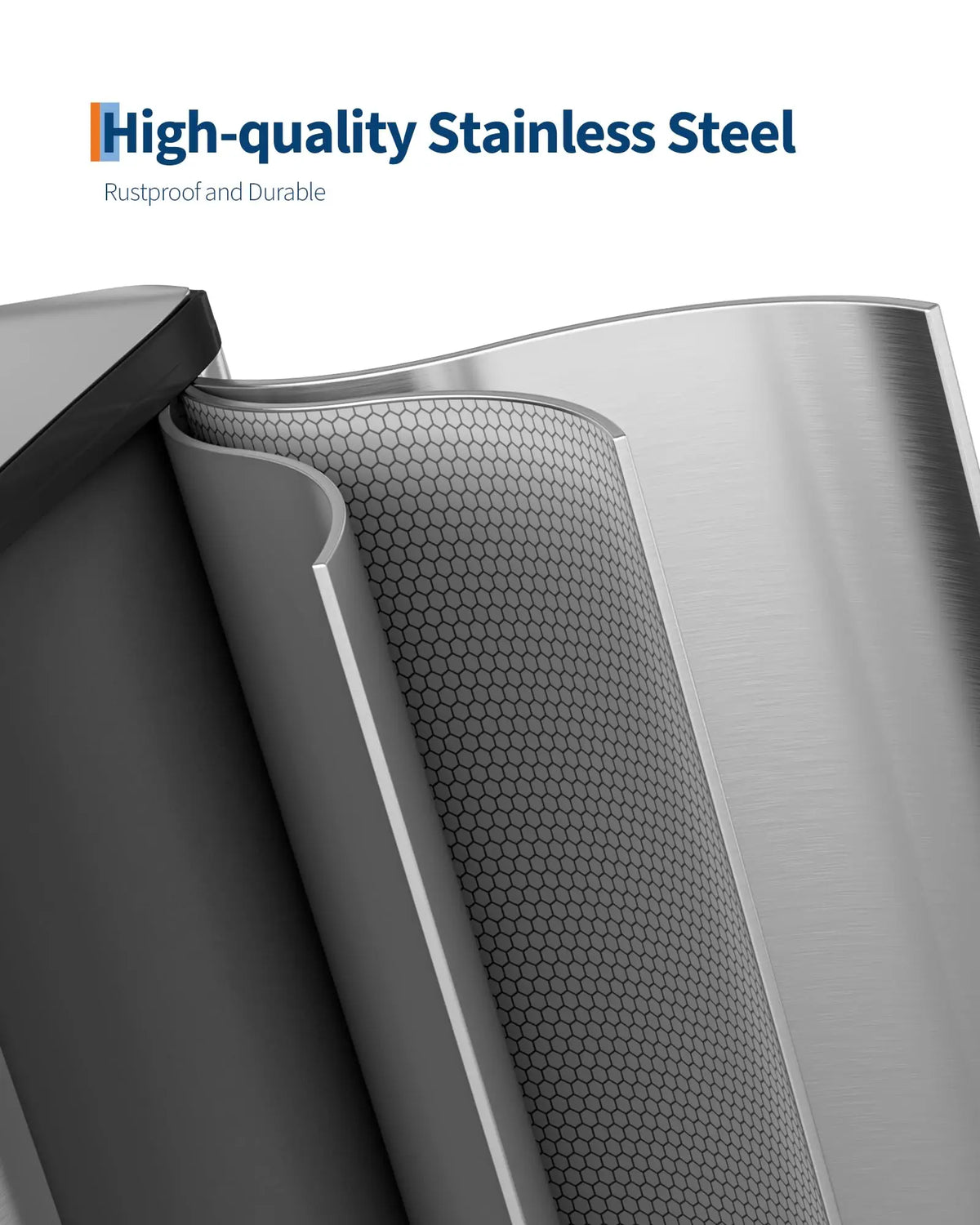 A close-up view of a stainless steel bin with a soft-close lid and a textured, flexible inner lining.
